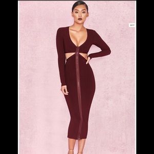 Stella' Dark Red Ribbed Bandage Cut Out Dress